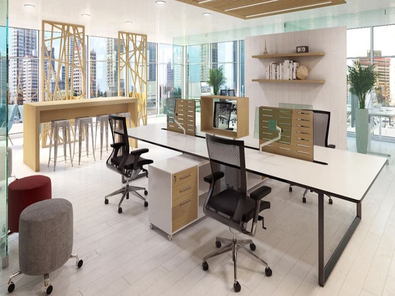 Open Plan Office with 4 Person Workstation with Wooden Modesty Panels and Office Chairs