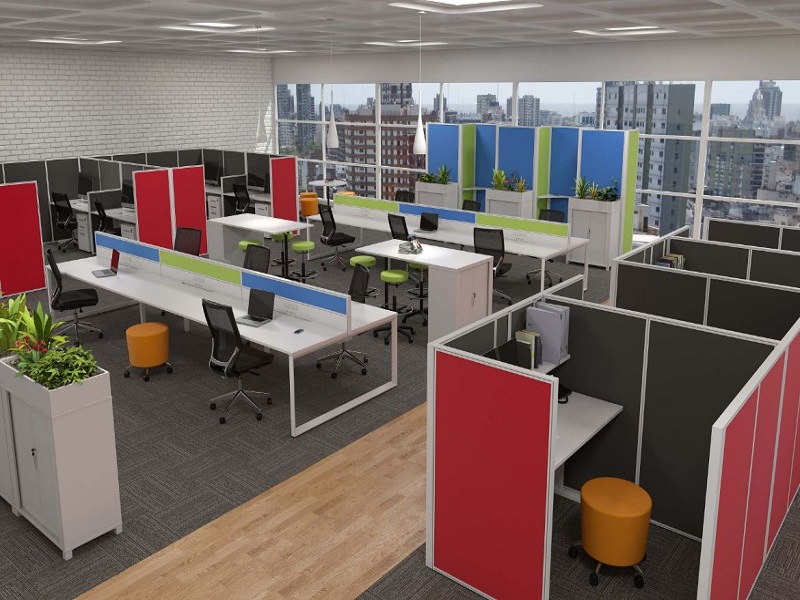 Open Plan Office with Hotdesking Colourful Workstations and Privacy Pods